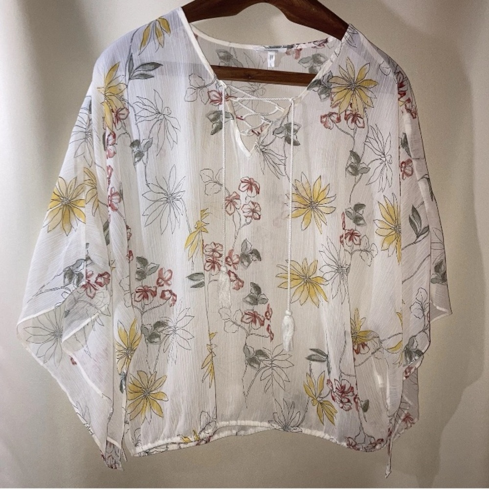 Floral Lace-Up Sheer Blouse Batwing Sleeve